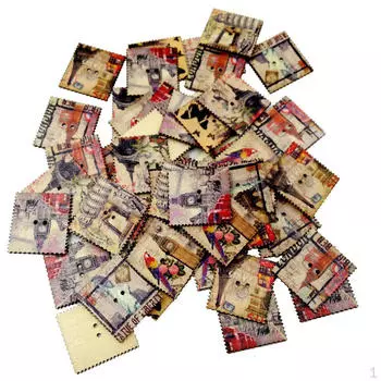 50 Pieces Square Vintage Tower Stamps Wood Buttons Embellishment for Kids Crafts Decoration 3.3cm