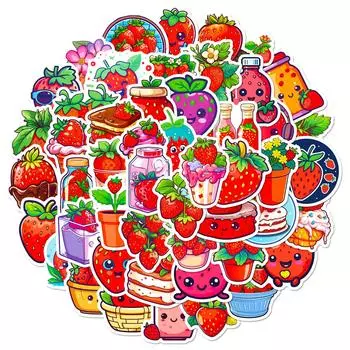 50 Red Heart Strawberry Stickers Girl Heart Cute Strawberry Dessert Personality Cartoon Fruit Stickers