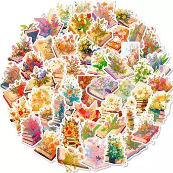 50 Retro Aesthetic Books, Flowers Mix And Match, Retro Stickers, Stickers, Literary And Fresh Patterns