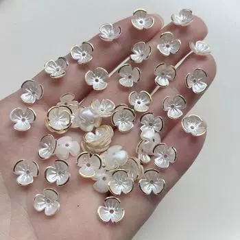 50 шт., 10 мм, бежевый позолоченный трехлепестковый цветок, бусина с прямым отверстием, браслет «сделай сам», украшения для волос, декоративные цветы слоновая кость