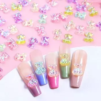 50 шт. 3D Kawaii Bear Nail Charms Aurora Rhinestone Смола Украшения Симпатичные Маникюрные Аксессуары для УФ-дизайна ногтей Детали Принадлежности