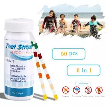 50 шт. 6 в 1 тест-полоски для спа-бассейна на определение pH общей щелочности хлора, циануровой кислоты