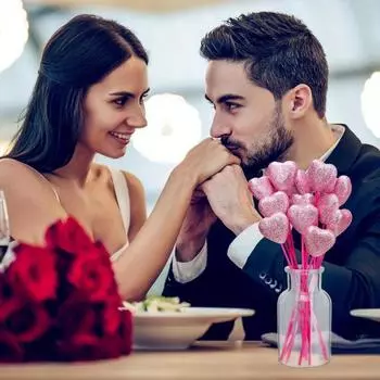 50 шт. блестящие пенопластовые сердечки в виде цветов ко Дню святого Валентина, блестящие пенопластовые сердечки на ножках, деревянные блестящие сердечки, объемные сердечки для аранжировок розовый