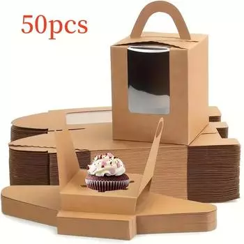 50 шт. бумажная крафт-бумага для выпечки коробка переносная упаковочная коробка для кексов с ручкой торт конфеты кекс контейнер для кухни пекарня вечеринка as picture&16.2x9.2x9.2cm