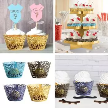 50 шт. бумажные обертки для кексов, кружевные полые вырезы, легко собрать, антипригарные чашки для выпечки кексов, подносы, праздничный декор золотистый