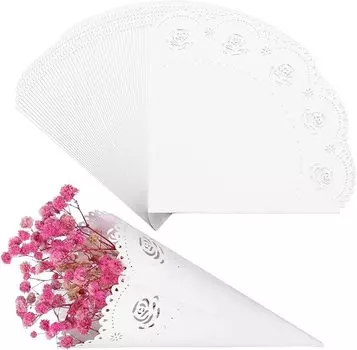 50 шт. бумажных конусов конфетти, свадебные белые бумажные конусы, полые конусы с принтом для вечеринки, лепестковый маленький букет, белые бумажные конусы для конфетного стола 50pcs белый