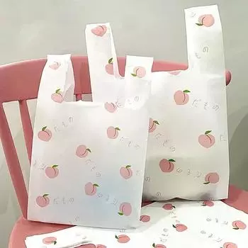 50 шт., цвет фруктов, пакеты с толстыми ручками 0,05 мм, 0,05 мм, пластиковый жилет с милым мультяшным узором, упаковка для напитков, упаковка на вынос, сумка для покупок с маленькими напитками 20x37x12cm