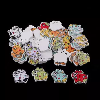 50 шт. - деревянные пуговицы с мультяшным котом и 2 отверстиями, украшения для шитья одежды