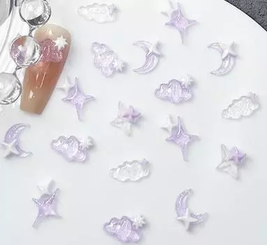 50 шт., фиолетовое прозрачное облако для дизайна ногтей, очаровательное 3D, милая луна, остроконечная звезда, лунное облако, украшение для ногтей, сделай сам, Kawaii, аксессуары для ногтей