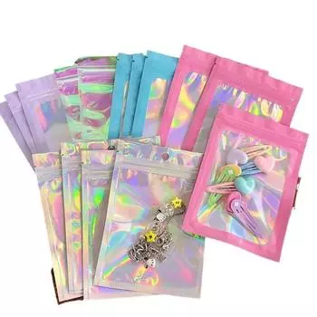 50 шт. лазерная герметизация пакетов пластиковых голографических конфетных пищевых мешочков многоразового использования ожерелье ювелирных изделий подарочная упаковка кухонная сумка для хранения 50pcs розовый