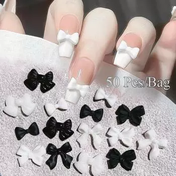 50 шт./лот, черный, белый цвет, бант для дизайна ногтей, очаровательные украшения, 3D украшения для ногтей, ювелирные изделия, классический маникюр, сделай сам, аксессуары из смолы 3-1