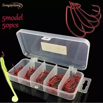 50 шт./лот, широкий живот, кривошипные крючки, рыболовная приманка для червей, рыболовный крючок, рыболовные снасти для океанской рыбалки с коробкой красный