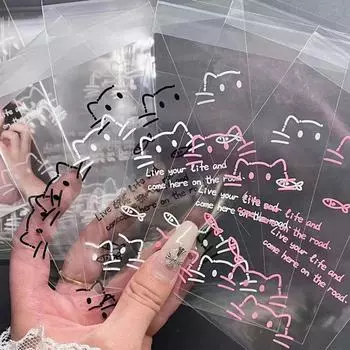 50 шт. милый мультяшный кот рыба прозрачный самозапечатывающийся пакет корейский минималистский маленький защитный чехол для хранения карт девушка