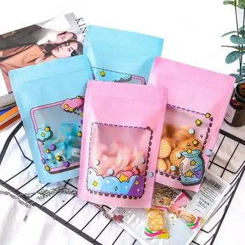 50 шт., милый мультяшный полупрозрачный смотровой пластиковый пакет для упаковки, утолщенный мешок для хранения печенья, закусок, конфет, самопровозглашенные подарочные пакеты A Mix 13x18+6cm