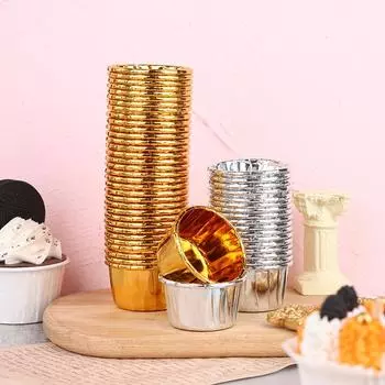 50 шт. мини-кексов, фольга, бумага для обертывания кексов, золотисто-серебряные формочки для выпечки кексов серебряный