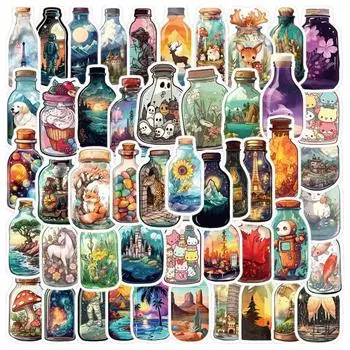 50 шт., наклейки на стеклянные бутылки с героями мультфильмов, различные милые наклейки «Мир в бутылке», граффити, декоративные виниловые художественные наклейки, водонепроницаемые наклейки для скейтборда, багажа 1 Set