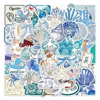 50 шт. Наклейки в стиле Инс, сине-серебристые, на морскую тематику, прибрежная эстетика, мультяшные наклейки для ноутбуков, багажа, скейтбордов, скрапбуков