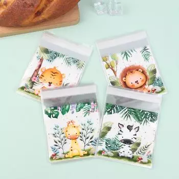 50 шт./пакет самозапечатывающиеся мешочки для печенья и конфет с изображением животных джунглей Wild One Safari тематика день рождения декор для детей подарочные пакеты для детского душа