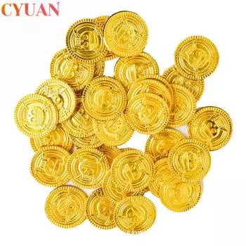 50 шт. Пластиковые пиратские золотые монеты, игра «Охота за сокровищами», поддельные монеты для украшения вечеринки на Хэллоуин, дня рождения, пиратской тематики золотой
