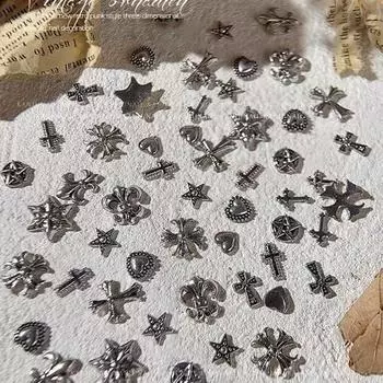 50 шт., подвески для ногтей в стиле ретро, золотого и серебряного цвета, аксессуары для ногтей, алмазные заклепки, металлические заклепки в форме сердца в стиле панк, крест для дизайна ногтей, декор для ногтей из сплава 50pcs random золотой