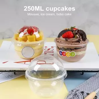 50 шт. прозрачные пластиковые стаканчики для десертов с куполообразными крышками, 250 мл, одноразовые стаканчики для торта для конфет, холодных напитков, фруктовых коктейлей, мороженого