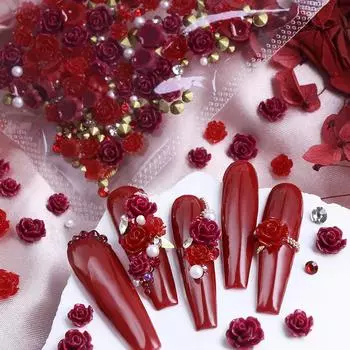 50 шт. роскошных красных розовых камелийных цветочных подвесок для ногтей, смешанных жемчужных бусин, украшений из стразов, деталей для ногтей на День святого Валентина