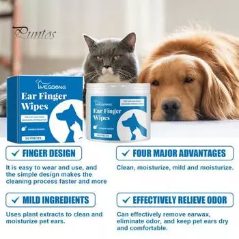50 шт. салфетки для чистки ушей для домашних животных, дизайн с рукавами для пальцев, натуральные ингредиенты, средство для удаления ушных клещей, салфетки для ушей собак и кошек, средства для ухода за ушами синий