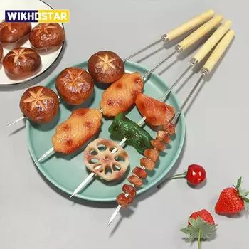 50 шт. шампуров для барбекю из нержавеющей стали с деревянной ручкой, многоразовые шампуры для барбекю, железные палочки для кебаба, инструменты для пикника на открытом воздухе