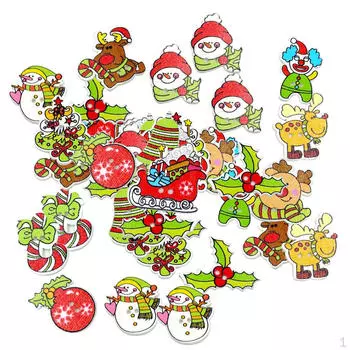 50 шт. смешанные деревянные пуговицы оптом с рождественским узором, декоративные пуговицы для шитья одежды