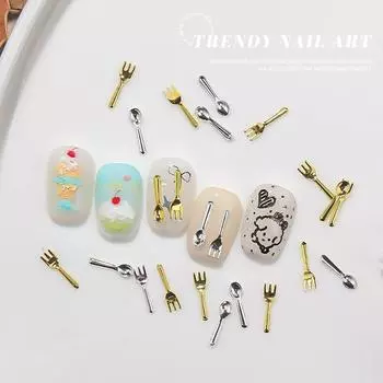 50 шт. смешанных Ins Niche Tableware Series Spoon Fork Nail 3D Metal Nail Mold Nail Decorations Diy Nail Art Charm Accessories золотой