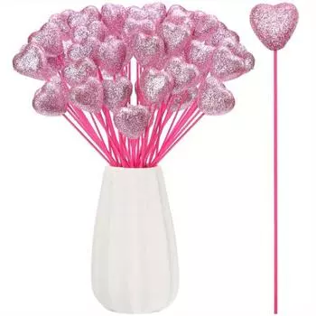 50 шт. сверкающих пенопластовых сердечек на стеблях ко Дню святого Валентина, блестящие пенопластовые сердечки, деревянные блестящие сердечки, объемные сердечки для цветочных композиций ко Дню святого Валентина розовый