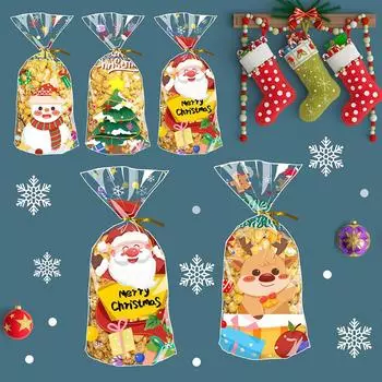 50 шт. Веселые рождественские конфетные пакеты подарочные пакеты с завязками рождественские печенья десерты своими руками 2025 год детские сувениры для вечеринки