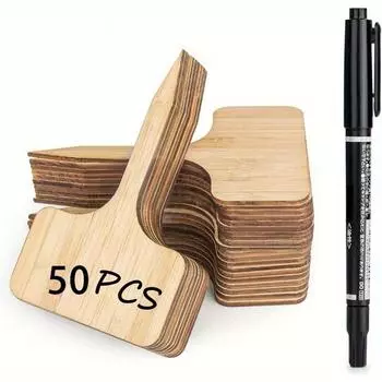 50 шт. водонепроницаемых бамбуковых садовых бирок с маркером - прочные этикетки T-типа для уличных и комнатных растений, рассады, овощей 50pcs tag+1 pen