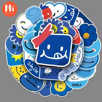 50 синий улыбающееся лицо граффити персонализированный мультфильм милый оригинальный Guka украшение чехол для телефона наклейка на багаж водостойкая