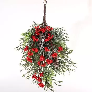50 см Рождественский настенный рождественский венок, рождественское украшение, венок на половину дерева, подвеска на дверь, красные фрукты, лист кипариса, шишка, рождественское елочное кольцо