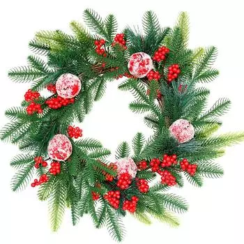 50 см Смешанная сосновая хвоя ПЭ Искусственная Пу Имитация листьев кипариса, Красные ягоды, Яблочный снег Рождественские украшения, Подвеска-кольцо для двери и окна 50cm/310g