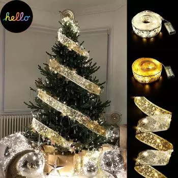 50 светодиодных гирлянд 1 м/2 м/5 м, двухслойные гирлянды, рождественские ленты, банты со светодиодными украшениями для елки, новогоднее рождественское украшение дома 1M