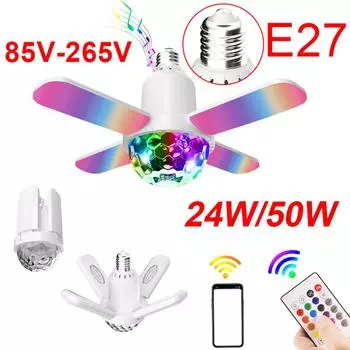 50 Вт/24 Вт светодиодная четырехлепестковая музыкальная лампа Bluetooth с цветным звуковым управлением, складная лампа с деформируемым потолочным светильником с пультом дистанционного управления