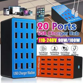 50 Вт / 90 Вт / 100 Вт 10/20 портов USB-зарядная станция, многопортовый USB-адаптер для настенного зарядного устройства Быстрое зарядное устройство для домашнего офиса, гостиницы, школы 10 Ports-UK Plug чёрный