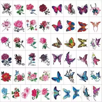 50 видов тату-наклеек + 20 видов модных татуировок с цветами и бабочками, разноцветные, 2 набора