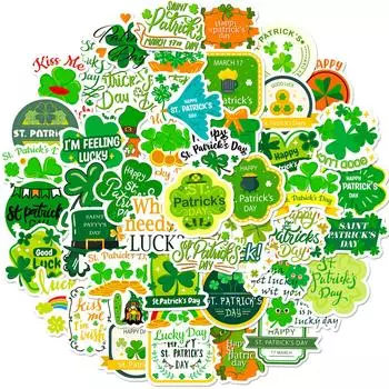 50 Зеленых наклеек с четырехлистным клевером Shein St Pat Наклейки с растениями на удачу Сделай сам