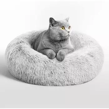 50cm Round Pet Bed for Small medium Dog Bed Cat Bed,Long Plush Dark Gray Dog Bed 40CM