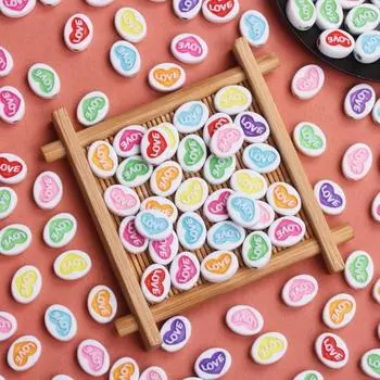 50Pcs 12.5*9.5mm Acrylic Beads Loose Spacer Beads Colorful Love Heart Flat Necklaces Accessories Diy For Jewelry Making White Black