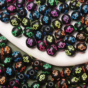 50Pcs 7mm Acrylic Round Cross Loose Beads for Jewelry Making DIY Handmade Necklace Bracelet Keychain Material Fashion Jewelry Accessory