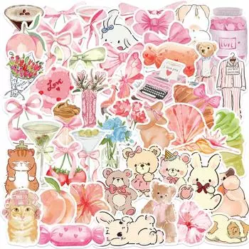 50pcs Aesthetic Cute Pink Bear Bow Cartoon Stickers INS Style Decals DIY Notebook Phone Suitcase Car Graffiti Sticker Gift