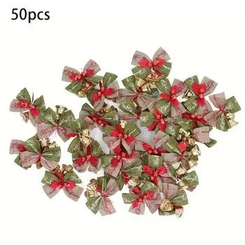 50pcs Christmas Bow with Bells, Mini Ribbon Bows Ornament Present Gift Boxes Decor for Christmas Tree Wedding Party Hanging Decoration 50pcs
