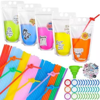 50Pcs Drink Pouches With 100Pcs Drink Straws, Reusable Smoothie Bags Juice Pouches, Drink Pouches For Adults Heavy Duty Hand-He