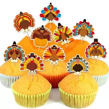 50pcs Festival Turkey Cupcake Toppers Cartoon Thanksgiving Cake Decoration Autumn Decor 50pcs