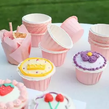 50pcs Heat Resistant Macaroon Pink Cake Cups Ruffled Edges Cupcake Wrapper Kitchen Style A розовый