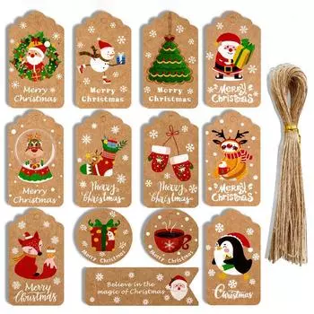 50Pcs Merry Christmas Tags Gift Wrapping Labels Paper Hanging Tags Santa Claus Paper Cards Xmas New Year Party Decor Supplies